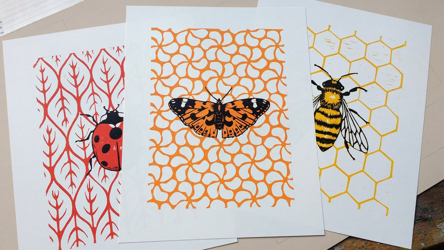 Nature Prints - lino print of butterfly, ladybird, honey bee