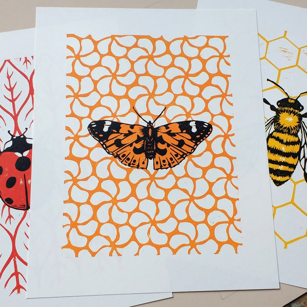 Nature Prints - lino print of butterfly, ladybird, honey bee