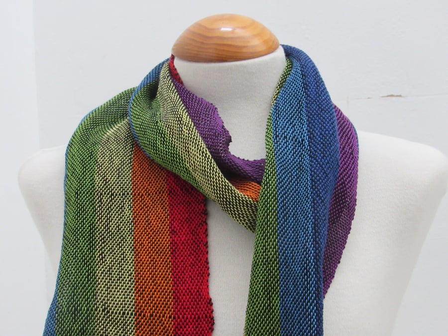 Rainbow and Black Handwoven Cotton Scarf