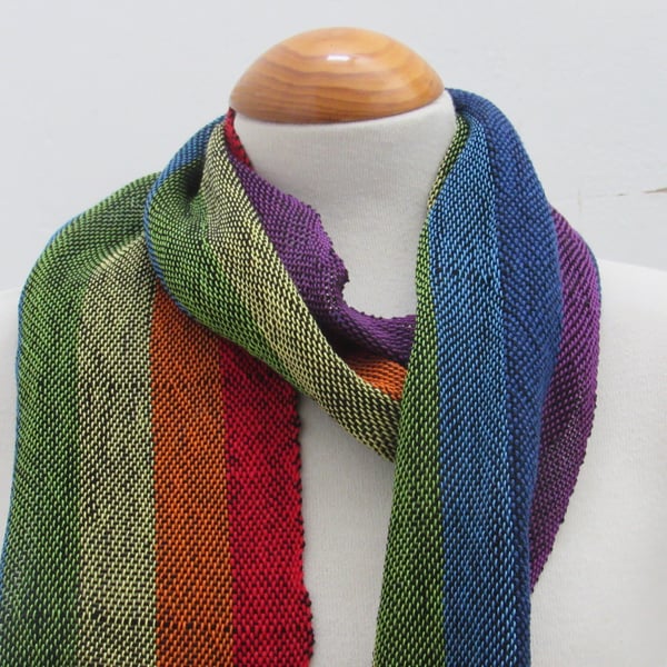 Rainbow and Black Handwoven Cotton Scarf