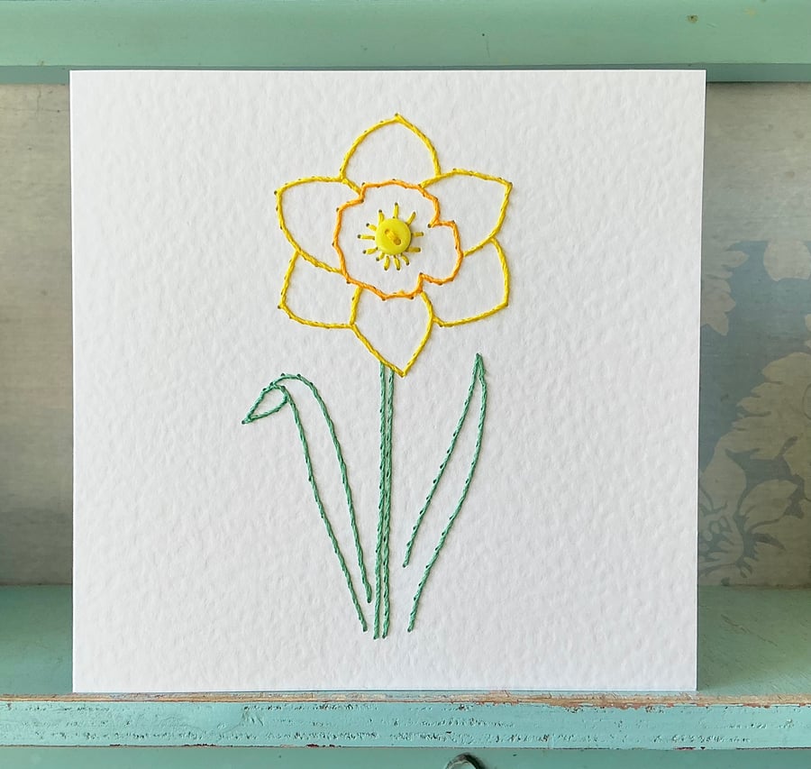 Hand Stitched Daffodil Card. Blank Card. Mothers Day Card. Daffodils. Flowers.