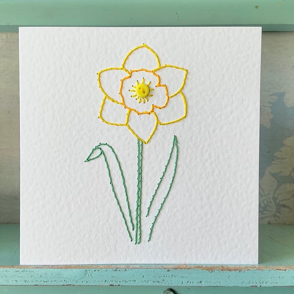 Hand Stitched Daffodil Card. Blank Card. Mothers Day Card. Daffodils. Flowers.