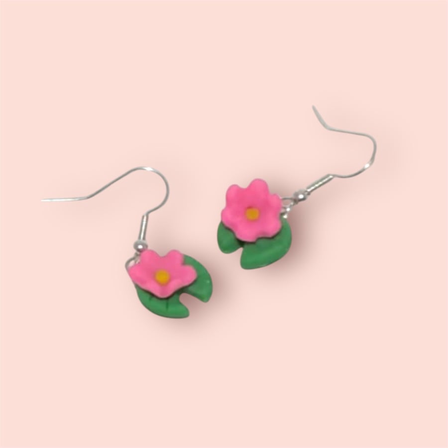 Lilli Pad Earrings Cute Handmade Jewellery Gift For Her Pink Flower Earrings 