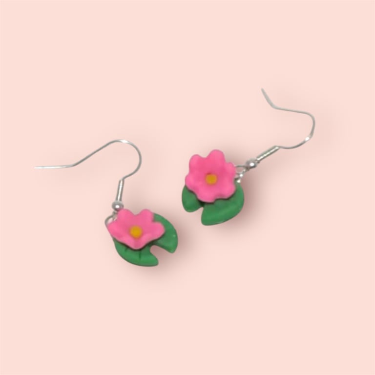 Lilli Pad Earrings Cute Handmade Jewellery Gift For Her Pink Flower Earrings 