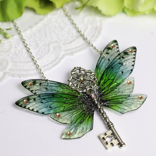 Fairy Wing Key Necklace Summer Green Fairycore Cottagecore Boho Fairy Gift
