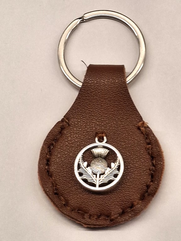 Brown Leather Hand Stiched Keyring.  Scotland Thistle Charm.  FREE Postage