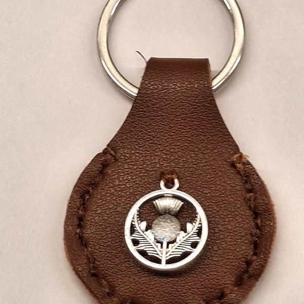 Brown Leather Hand Stiched Keyring.  Scotland Thistle Charm.  FREE Postage