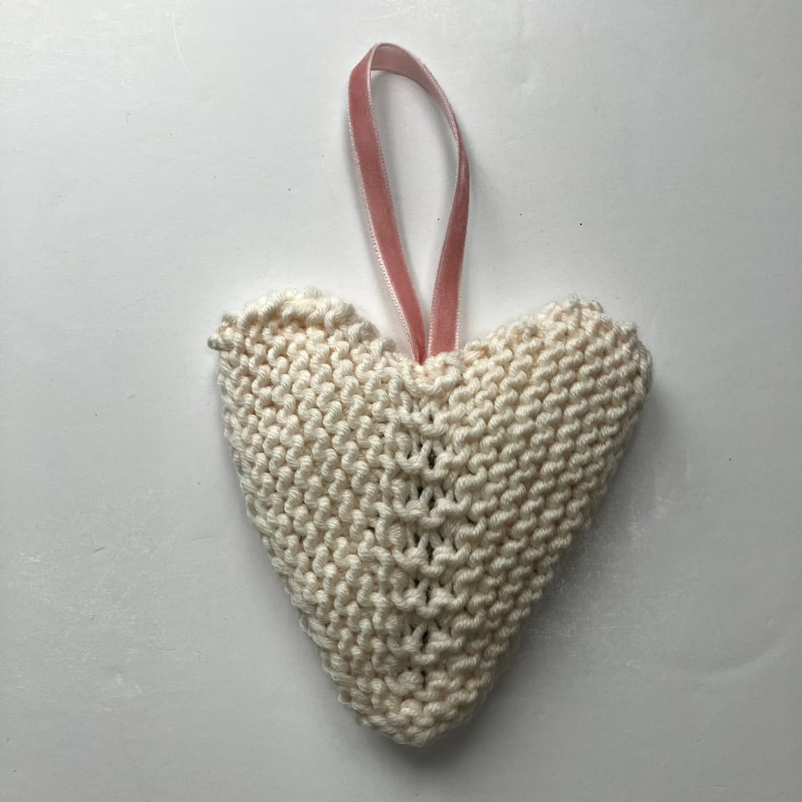 Pure Merino wool lavender heart, hand knit hanging heart decoration 