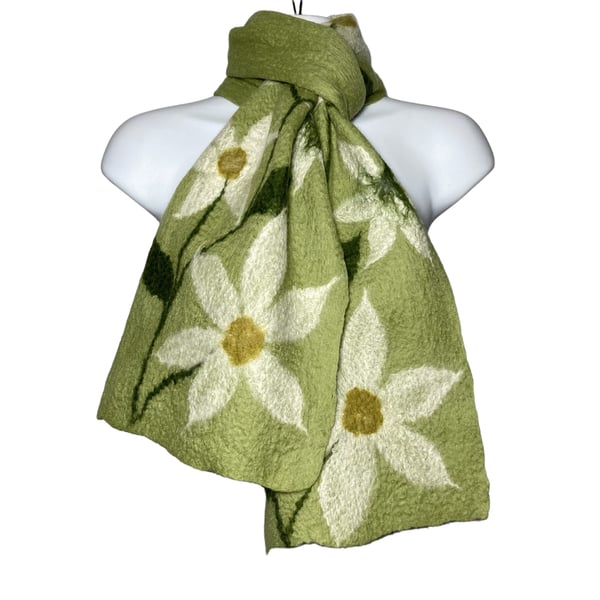 Sage green felted floral merino wool scarf