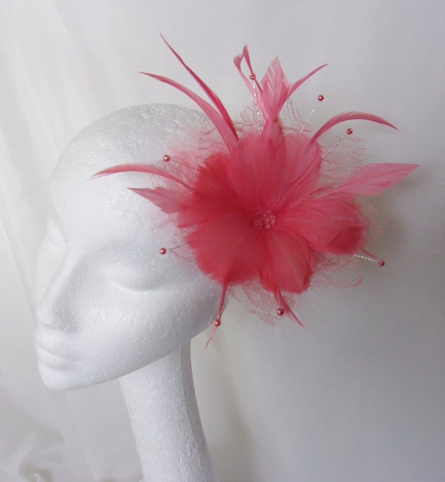 Bright Coral Flamingo Pink Feather Flower and Pearl Fascinator Hair Accessory
