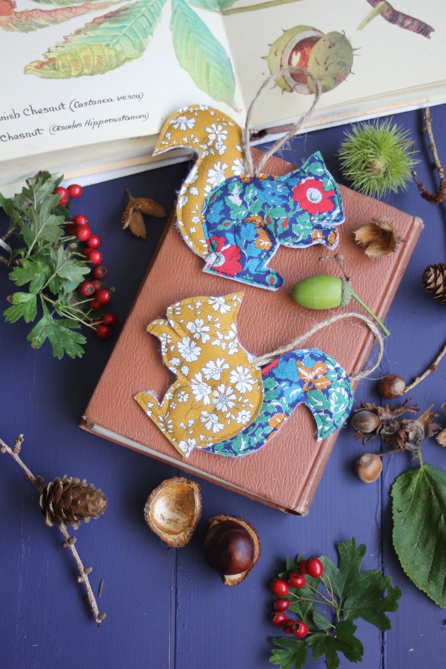  Set of two fabric hanging squirrels made from Liberty fabric