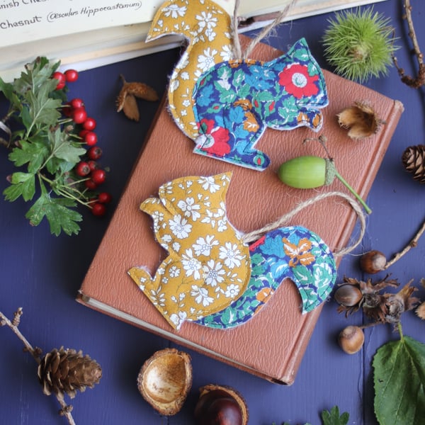  Set of two fabric hanging squirrels made from Liberty fabric