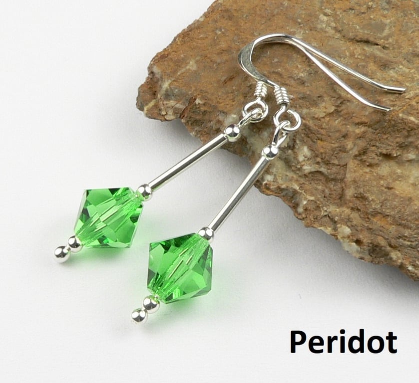 Peridot green Preciosa crystal drop earrings, sterling silver, 8mm, bicone