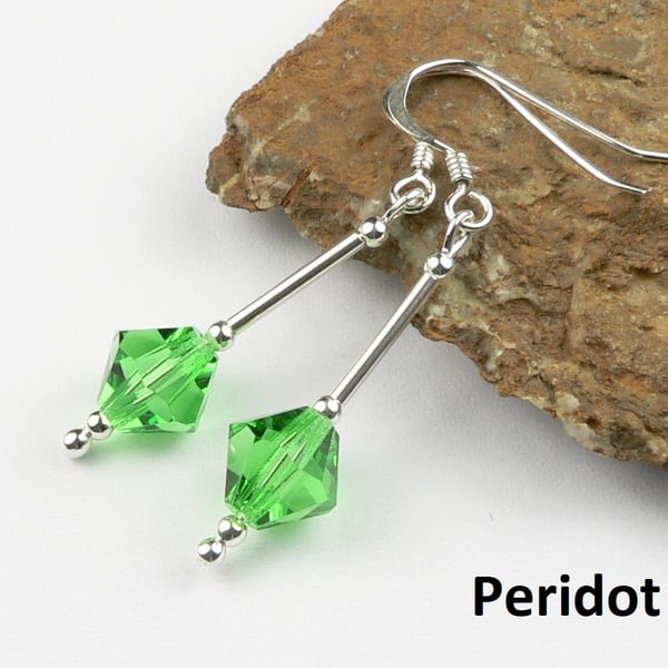 Peridot green Preciosa crystal drop earrings, sterling silver, 8mm, bicone