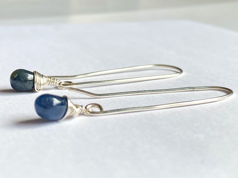 Sapphire long drop earrings - made in Scotland. 