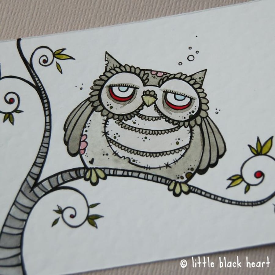 little zombie owl - original aceo
