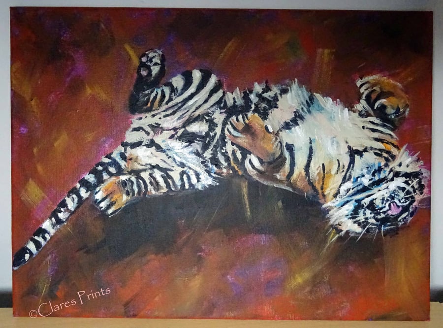 Happy Tiger Painting Art Original Acrylic Animal on Canvas OOAK 