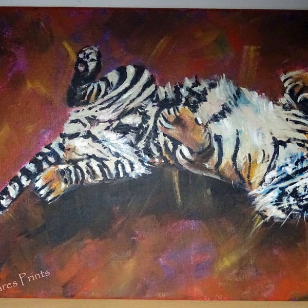 Happy Tiger Painting Art Original Acrylic Animal on Canvas OOAK 