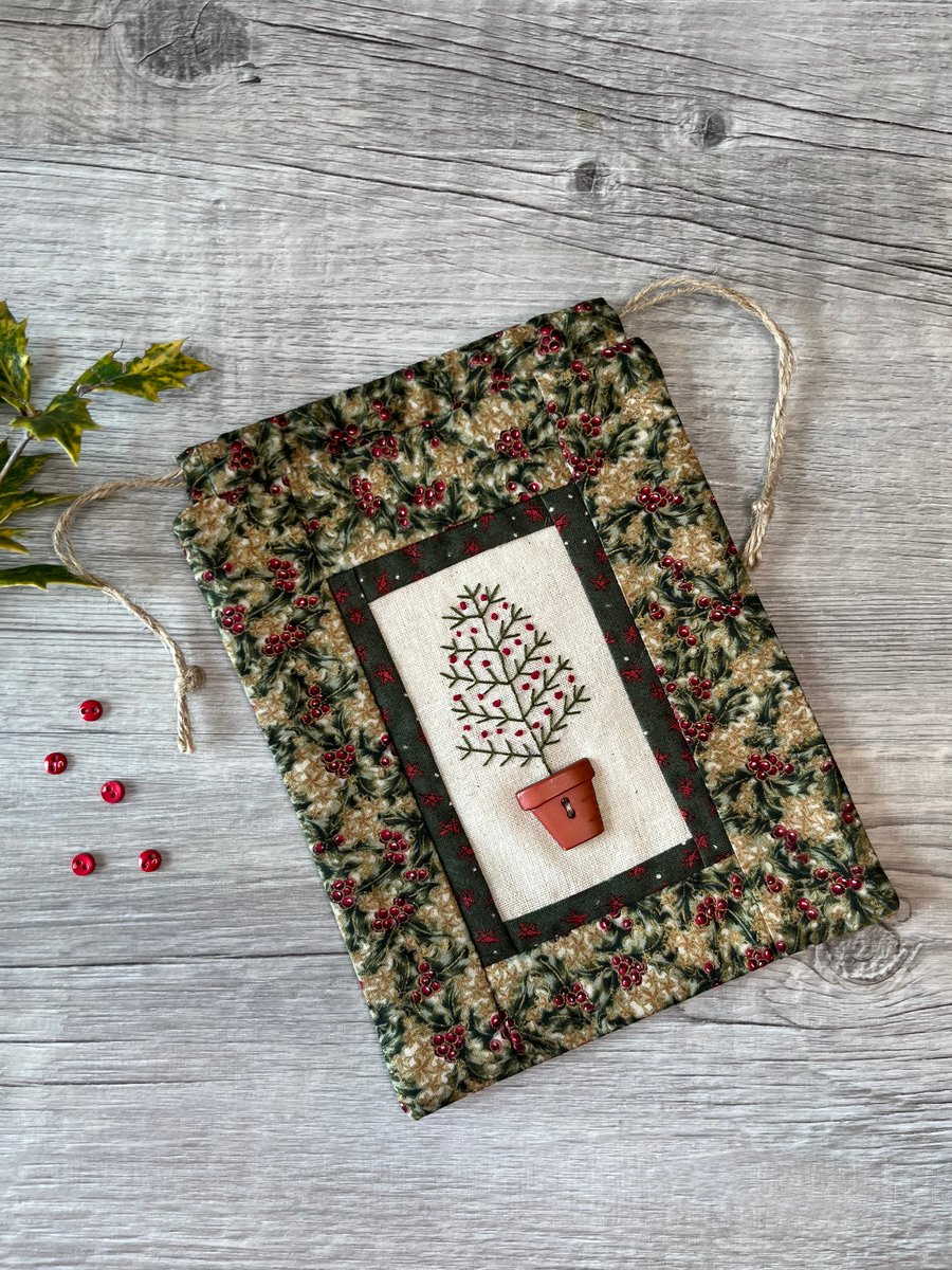 Christmas Tree Drawstring Bag with Hand Embroidery 