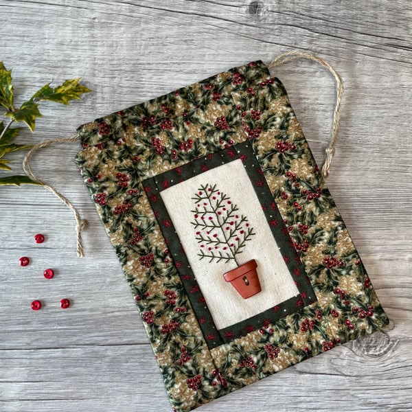 Christmas Tree Drawstring Bag with Hand Embroidery 