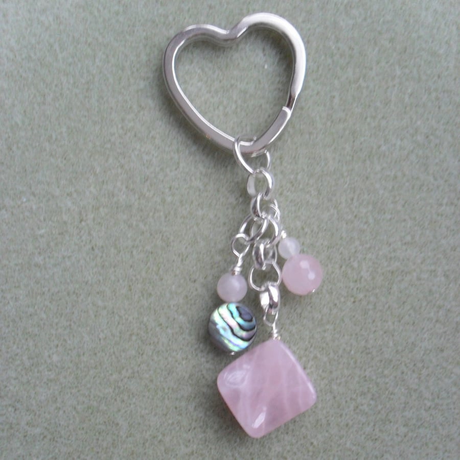 Rose Quartz and Abalone Keyring