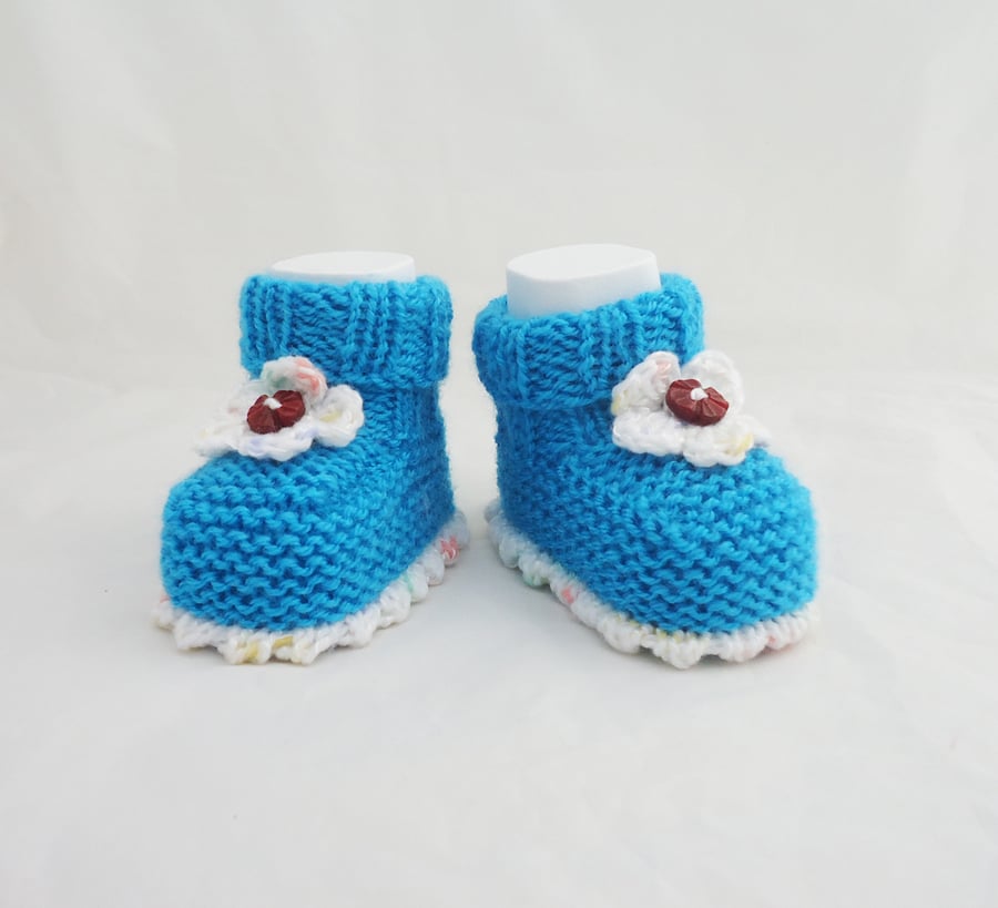 Handknitted Baby Booties, Cute Baby Booties, Baby Booties, Aqua Blue and White 