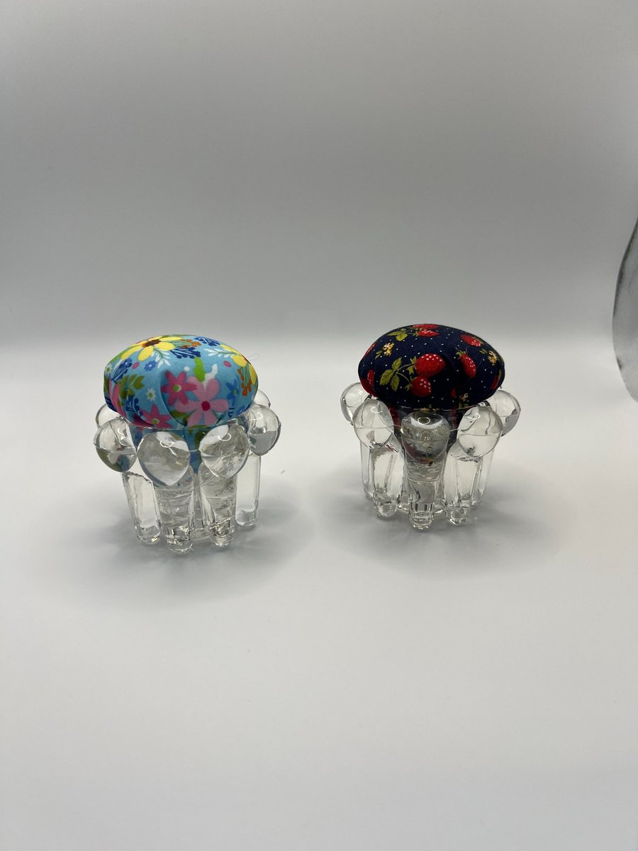 Pair of Vintage Upcycled Glass Pin Cushions - Floral Candle Holder Duo