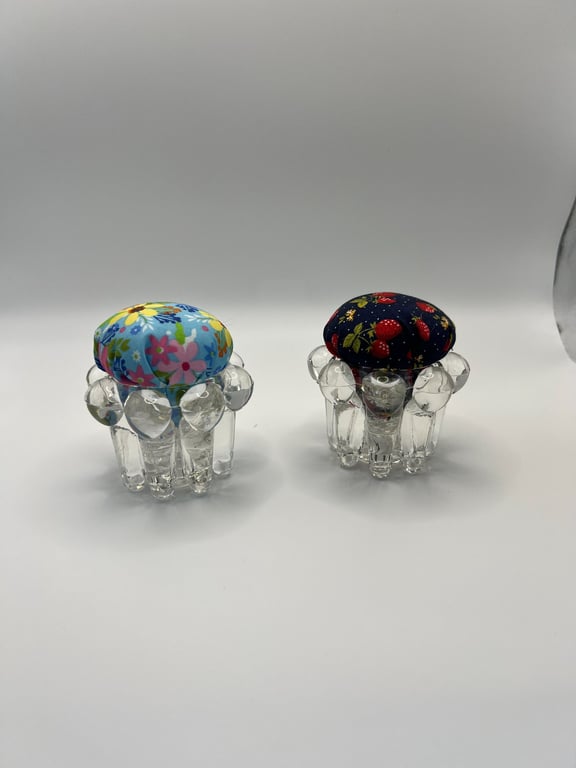 A Pair of Vintage Upcycled Floral Glass Decorative Small Pin Cushion