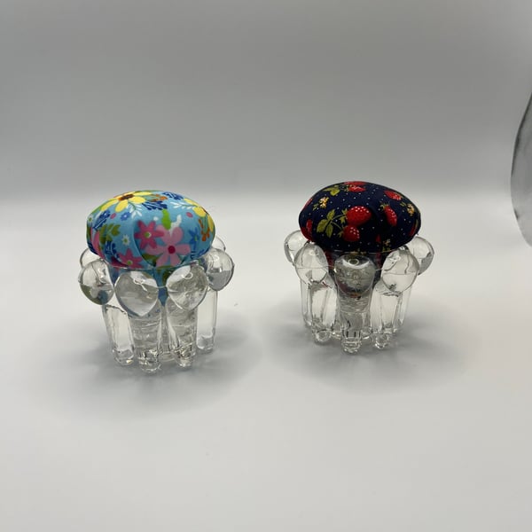 A Pair of Vintage Upcycled Floral Glass Decorative Small Pin Cushion