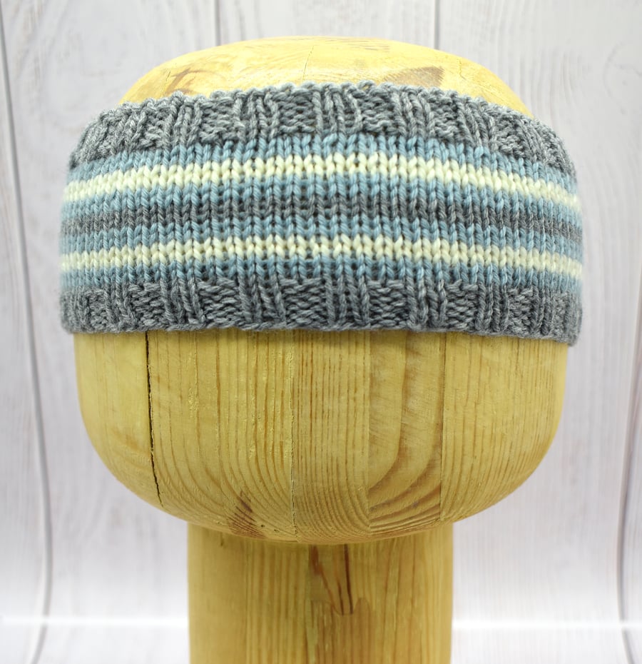 Hand Knitted Toddler Headband Grey Blue and Cream Cashmere Merino 12–36 Months