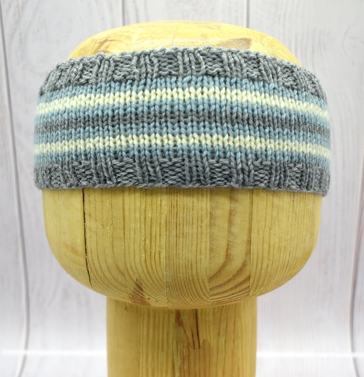 Hand Knitted Toddler Headband Grey Blue and Cream Cashmere Merino 12–36 Months