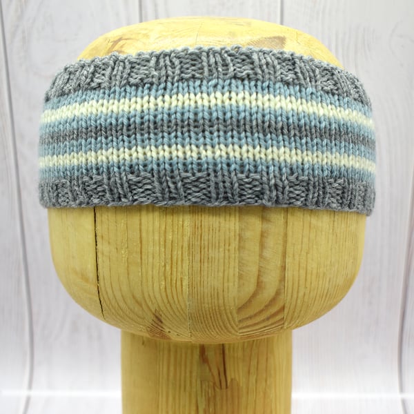 Hand Knitted Toddler Headband Grey Blue and Cream Cashmere Merino 12–36 Months