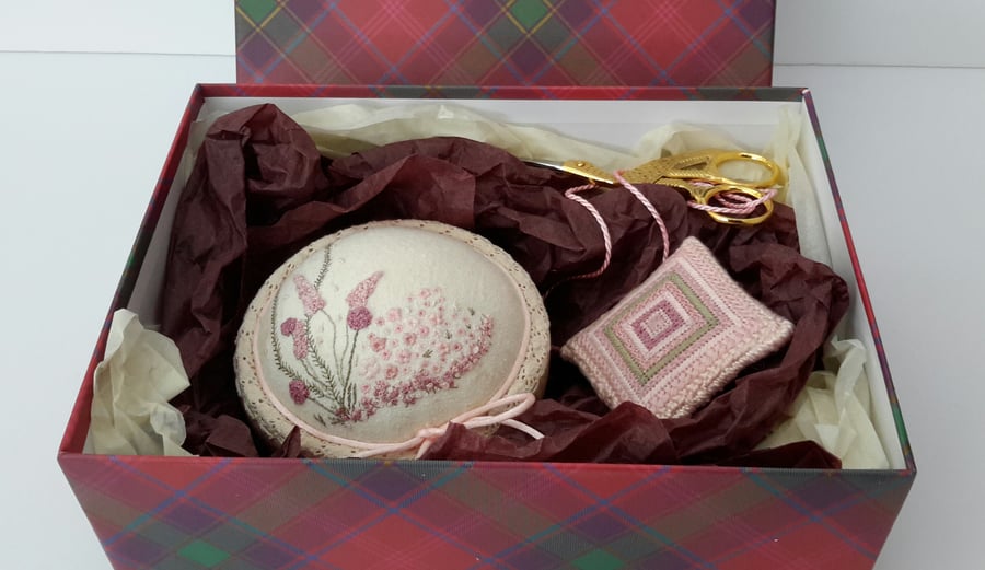 Hand Embroidered Pincushion, Scissor Keeper & Stork Scissors in Gift Box