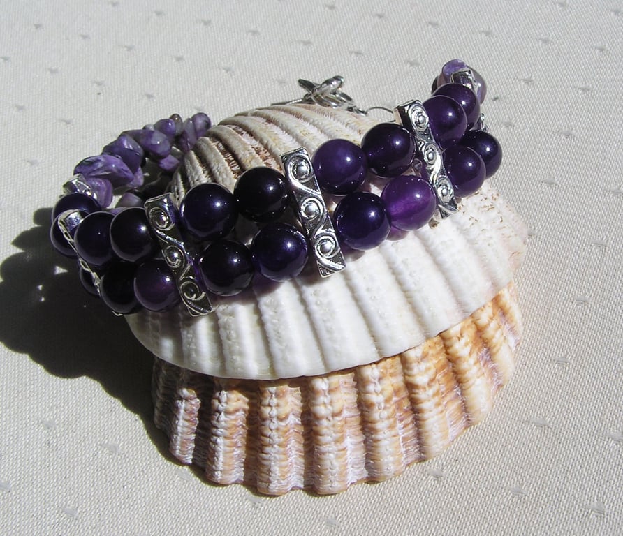 Purple Amethyst & Violet Charoite Gemstone Crystal Beaded Bracelet