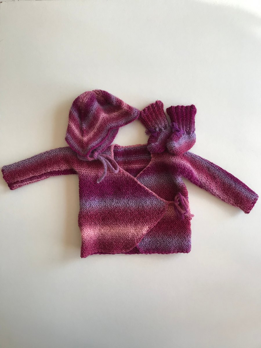 Crossover cardigan, hat and bootees