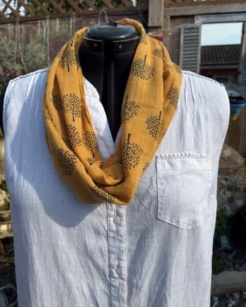 Upcycled Tree of Life Infinity Scarf - Mustard & Brown Cowl