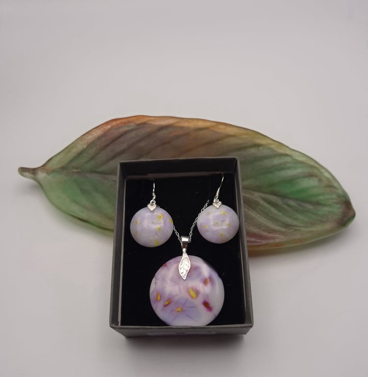 Purple Pansies Fused Glass Hook Earrings and Pendant Set