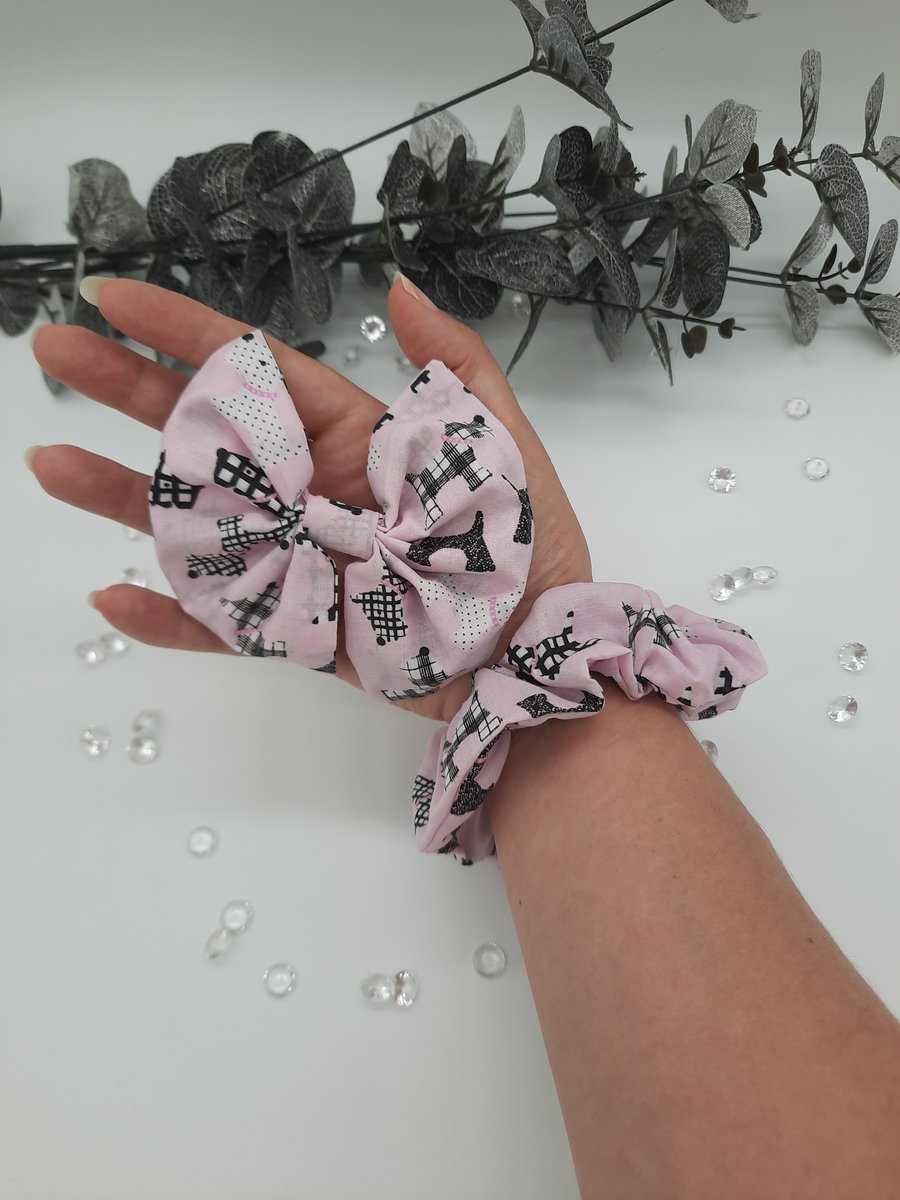 Scottie dog, pink clip on bow and scrunchie hair set. 