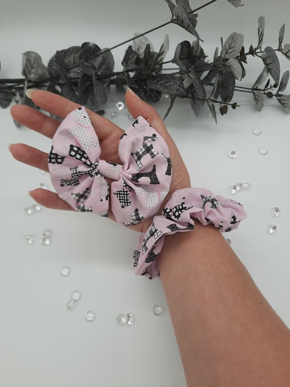 Scottie dog, pink clip on bow and scrunchie hair set. 