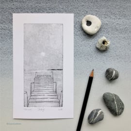 Jetty original etching print moon over the ocean summer evening at the seaside