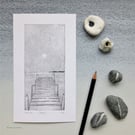 Jetty original etching print moon over the ocean summer evening at the seaside 