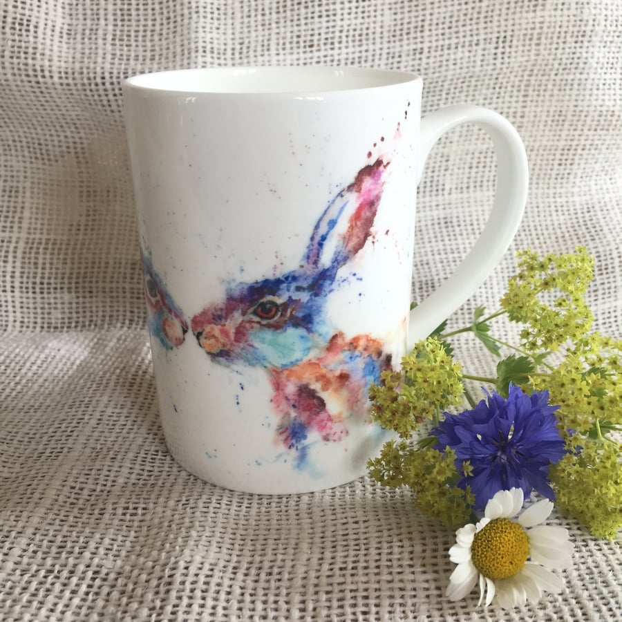 Kissing Hares Watercolour Design Mug, 10oz china cup, Wildlife Art Mug by Waterc