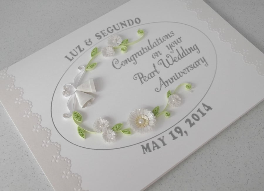 Handmade 30th pearl wedding anniversary card