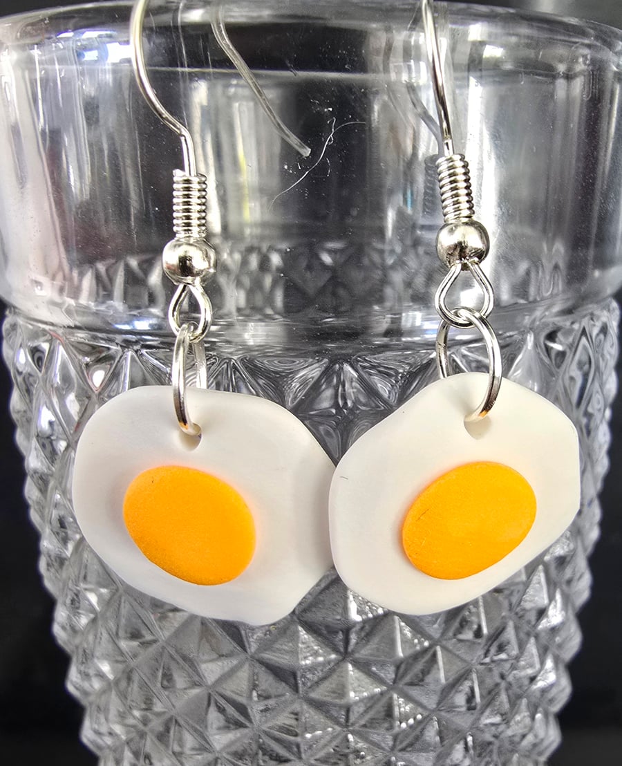 Polymer clay sweets fried egg earrings on silver plated earhooks