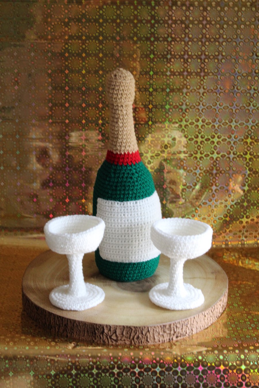 Crochet champagne bottle and glasses set.