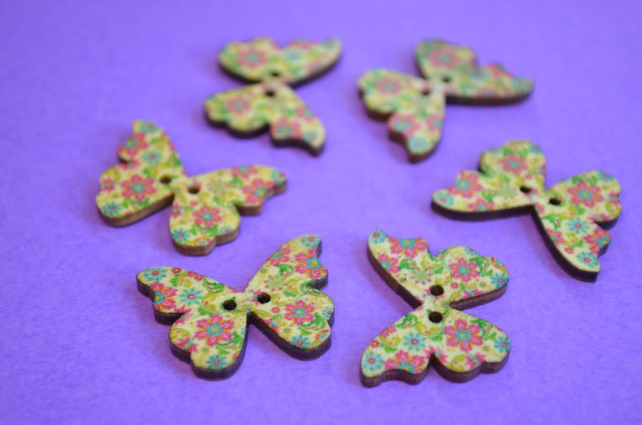 Wooden Butterfly Buttons Flowers Pink Green Blue Yellow 6pk 28x20mm (B9)