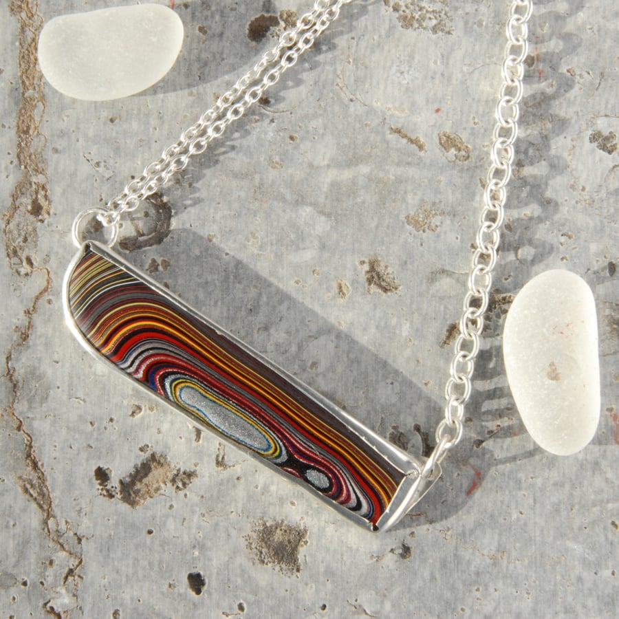 Asymmetric corvette fordite and sterling silver necklace