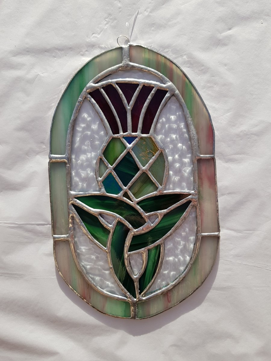 450 Stained Glass Oval Celtic Knot Thistle - handmade hanging decoration.