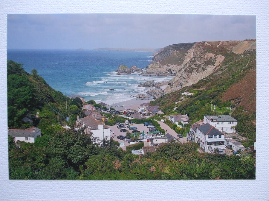 Colour photographic greetings card of Trevaunance Cove from the Peterville path.