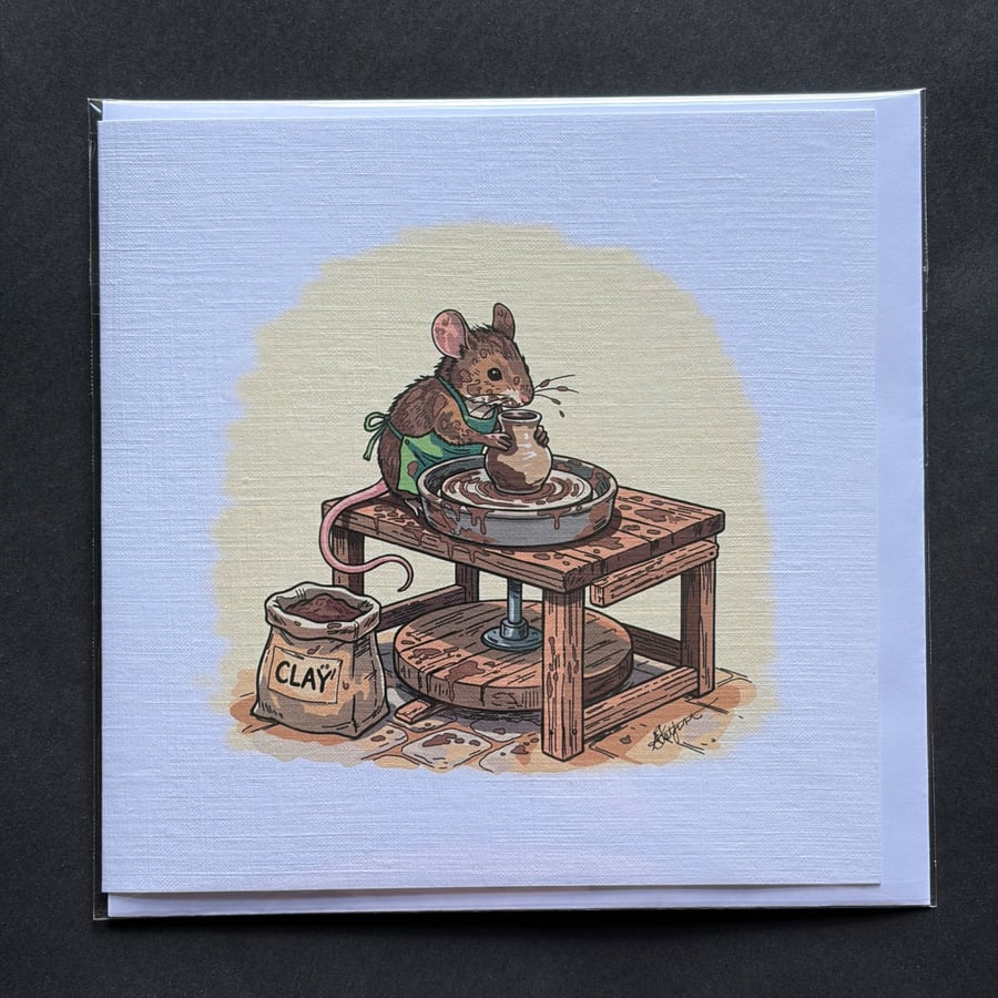 Pottery Maker Mouse Greeting Card - 15cm Square - Hand-Printed Linen Card